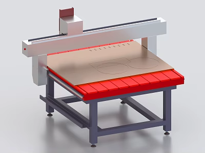 Industrial Sheet Material Cutting Machine With Red Tabletop Worktable And Stable Beam Structure 3d model