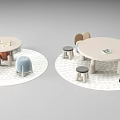 Round Kids Table With Small Stools Patterned Rug And Toys On Top 3d model