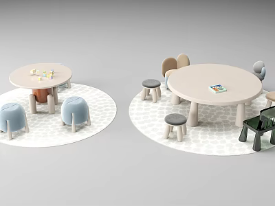 Round Kids Table With Small Stools Patterned Rug And Toys On Top 3d model