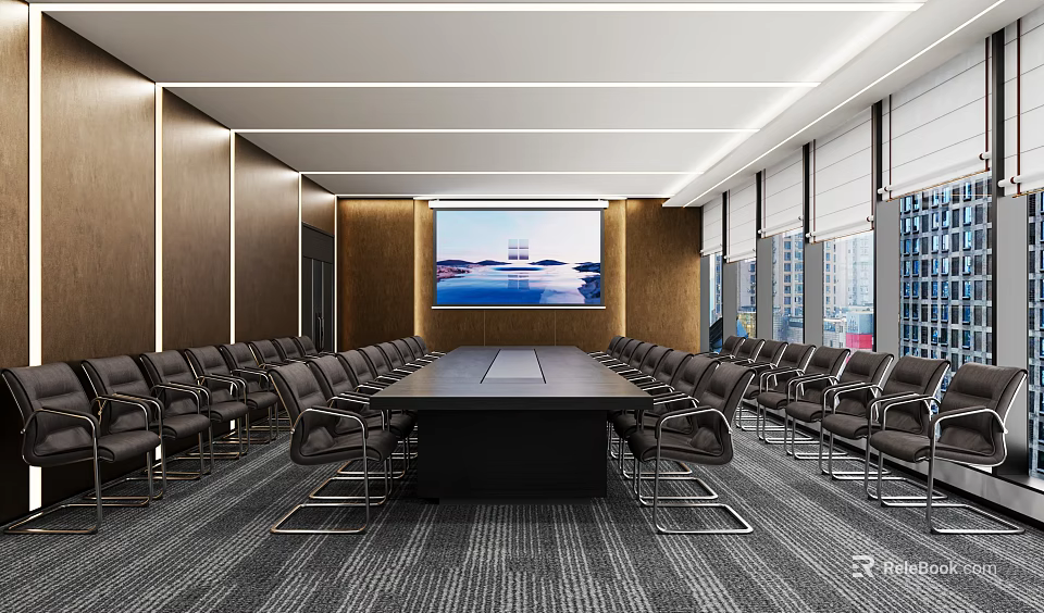 Modern Conference Room With Long Table Black Chairs Large Screen Wooden Walls And City View 3d model 