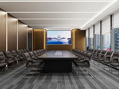 Modern Conference Room With Long Table Black Chairs Large Screen Wooden Walls And City View 3d model