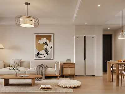 Modern Living Dining Room Interior Design With Sofa Coffee Table Artwork Pendant Light Dining Set 3d model