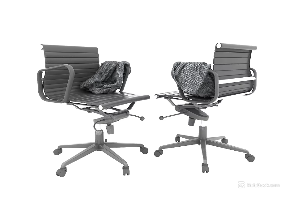 Two Gray Office Chairs With Armrests Wheels And Blankets On Backrests 3d model 