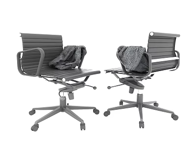 Two Gray Office Chairs With Armrests Wheels And Blankets On Backrests 3d model