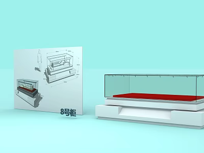 Modern Display Cabinet Shelf With Glass Cover Red Base And Design Drawing 3d model