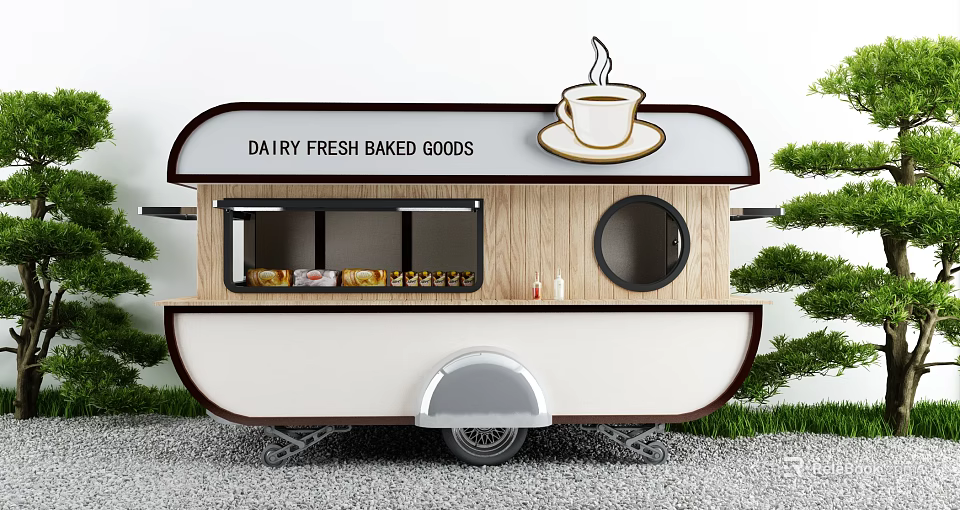 Modern White Coffee Cart With Wooden Panel Fresh Baked Goods And Green Plants 3d model 