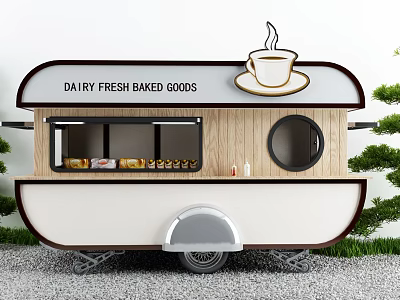 Modern White Coffee Cart With Wooden Panel Fresh Baked Goods And Green Plants 3d model