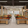 Life Supermarket Interior With Fresh Fruits Vegetables On Neatly Arranged Wooden Shelves