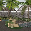 Tropical Garden Pergola With Palm Trees Stone Wall Green Plants And Stone Pathway