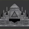 Scenic Landscape Featuring Ancient Stone Structure with Spires Triangular Window Carved Base and Black Drapery