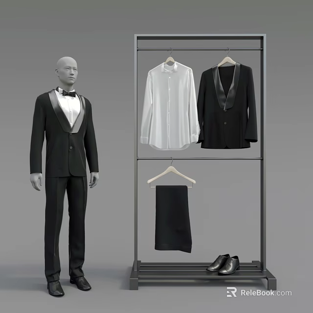 Formal Men's Clothing Display With Black Suit White Shirt Trousers And Shoes 3d model 