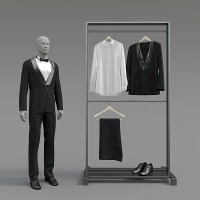 Formal Men's Clothing Display With Black Suit White Shirt Trousers And Shoes 3d model