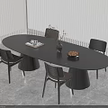 Modern Oval Black Dining Table Set With Four Chairs Vase And Plate On Gray Floor
