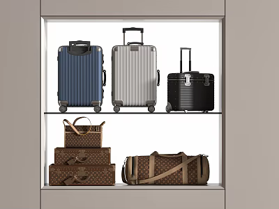 Modern Luggage And Bags Display With Suitcases Duffel Bags And Handbags On Shelves 3d model