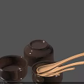 Set Of Brown Ceramic Bowls And Wooden Spoons Kitchen Cooking Utensils
