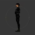 Game Movie Character In Black Tactical Outfit With Arms Outstretched On Gray Background