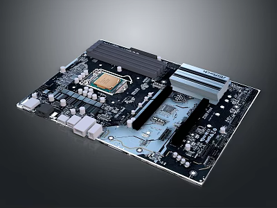 High Performance Computer Motherboard With CPU Socket Heat Sink And Components 3d model