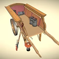 Rustic Vintage Wooden Cart With Wheel Shovel Lantern And Metal Bucket