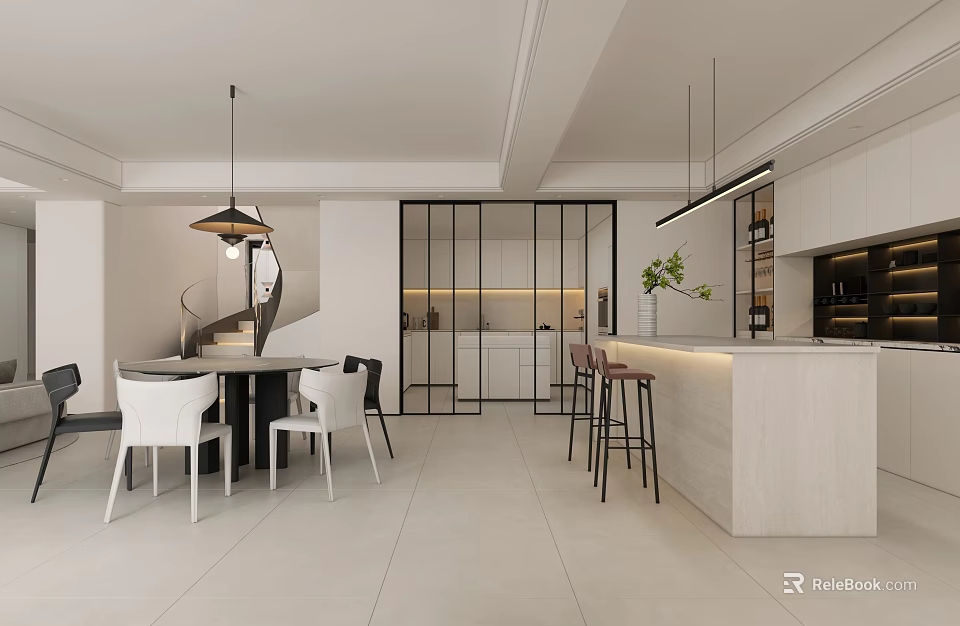 Modern Open Concept Restaurant Interior With Dining Table Bar Stools And Pendant Lights 3d model