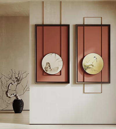Elegant Interior Wall Art With Red Framed Circular Paintings And Dried Branch Vase 3d model