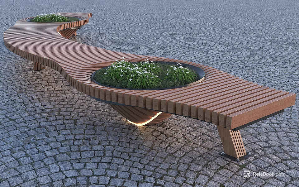 Curved Wooden Outdoor Bench With Planter Green Plants White Flowers Cobblestone Ground Illuminated Base 3d model 