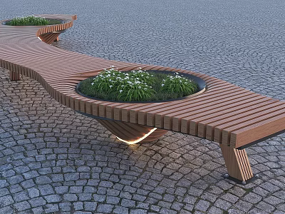 Curved Wooden Outdoor Bench With Planter Green Plants White Flowers Cobblestone Ground Illuminated Base 3d model