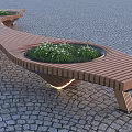 Curved Wooden Outdoor Bench With Planter Green Plants White Flowers Cobblestone Ground Illuminated Base