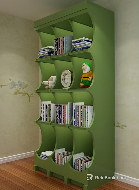 Green Multi Tiered Bookshelf With Books Stuffed Toy Clock And Dwarf Figurine 3d model 