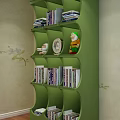 Green Multi Tiered Bookshelf With Books Stuffed Toy Clock And Dwarf Figurine