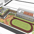 Modern School Building with Large Glass Windows Open Lawn and Student Activities