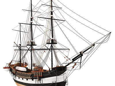 Classic Sailing Ship Model With Black And White Hull Detailed Masts Rigging 3d model