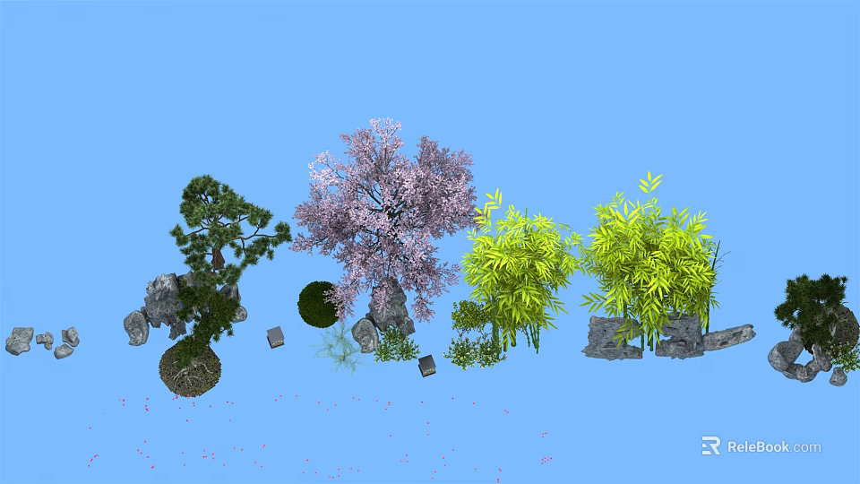 Pink Flowering Trees Green Bamboo And Round Shrubs With Stones In Blue Sky 3d model 
