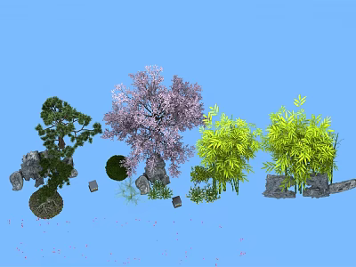 Pink Flowering Trees Green Bamboo And Round Shrubs With Stones In Blue Sky 3d model