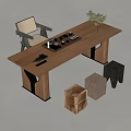 Modern Solid Wood Tea Table with Chairs Tea Set Vase Plant and Square Stools 3d model