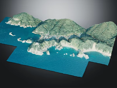 3D Terrain Model Featuring Green Mountains Blue Coastal Waters And White Shorelines 3d model