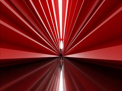 Elevator Hallway Featuring Red Radiating Lines Bright Light Shiny Floor And Person Silhouette 3d model