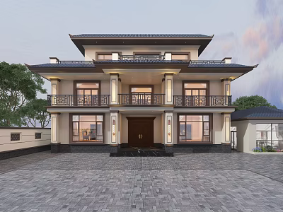 Traditional Chinese Detached Villa Two Story Design With Classic Eaves Symmetric Facade And Stone Paved Courtyard 3d model