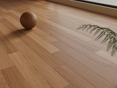 Natural Wooden Floor Surface With Round Wooden Ball And Green Plant Leaf 3d model