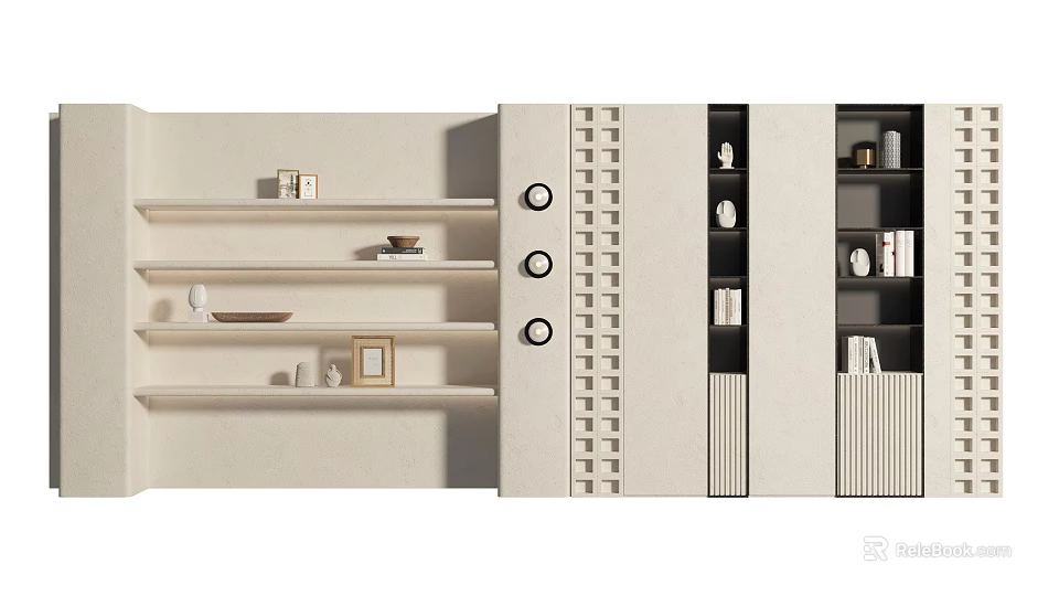 Minimalist Sofa Backdrop Wall With Shelves Circular Details And Cabinets 3d model