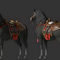 Black Horses With Decorative Saddles Red Tassels And Gold Accents