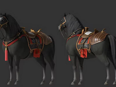 Black Horses With Decorative Saddles Red Tassels And Gold Accents 3d model