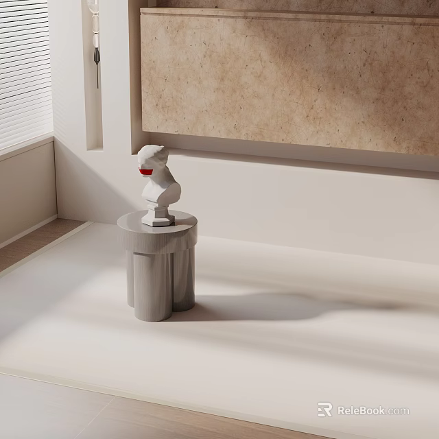 Gray Cylindrical Side Table With White Sculpture And Beige Wall Decor By Window Blinds 3d model 