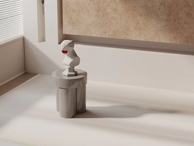Gray Cylindrical Side Table With White Sculpture And Beige Wall Decor By Window Blinds 3d model