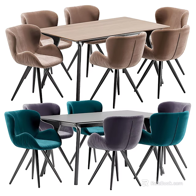 Modern Dining Table Set With Wooden Rectangular Table And Teal Purple Beige Velvet Chairs 3d model