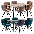 Modern Dining Table Set With Wooden Rectangular Table And Teal Purple Beige Velvet Chairs 3d model