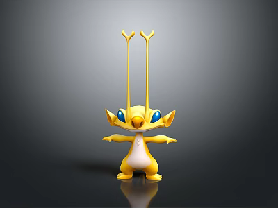 Yellow Cartoon Character With Blue Eyes White Belly Antenna Structures Outstretched Arms 3d model