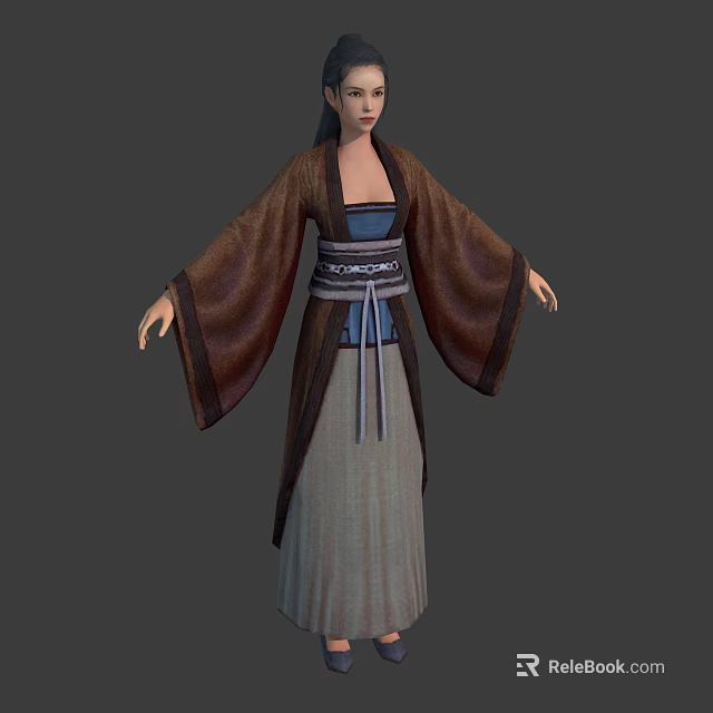 Ancient Style Female Character 3D Model With Brown Robe Blue Belt And Long Skirt 3d model 