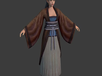 Ancient Style Female Character 3D Model With Brown Robe Blue Belt And Long Skirt 3d model