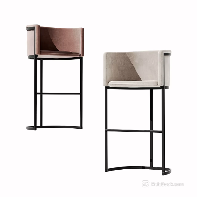 Modern Bar Stools With Pink And Beige Velvet Seats And Black Metal Frames 3d model 