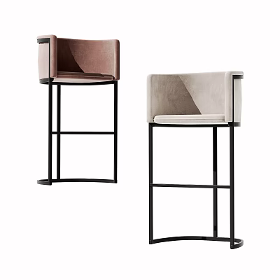 Modern Bar Stools With Pink And Beige Velvet Seats And Black Metal Frames 3d model
